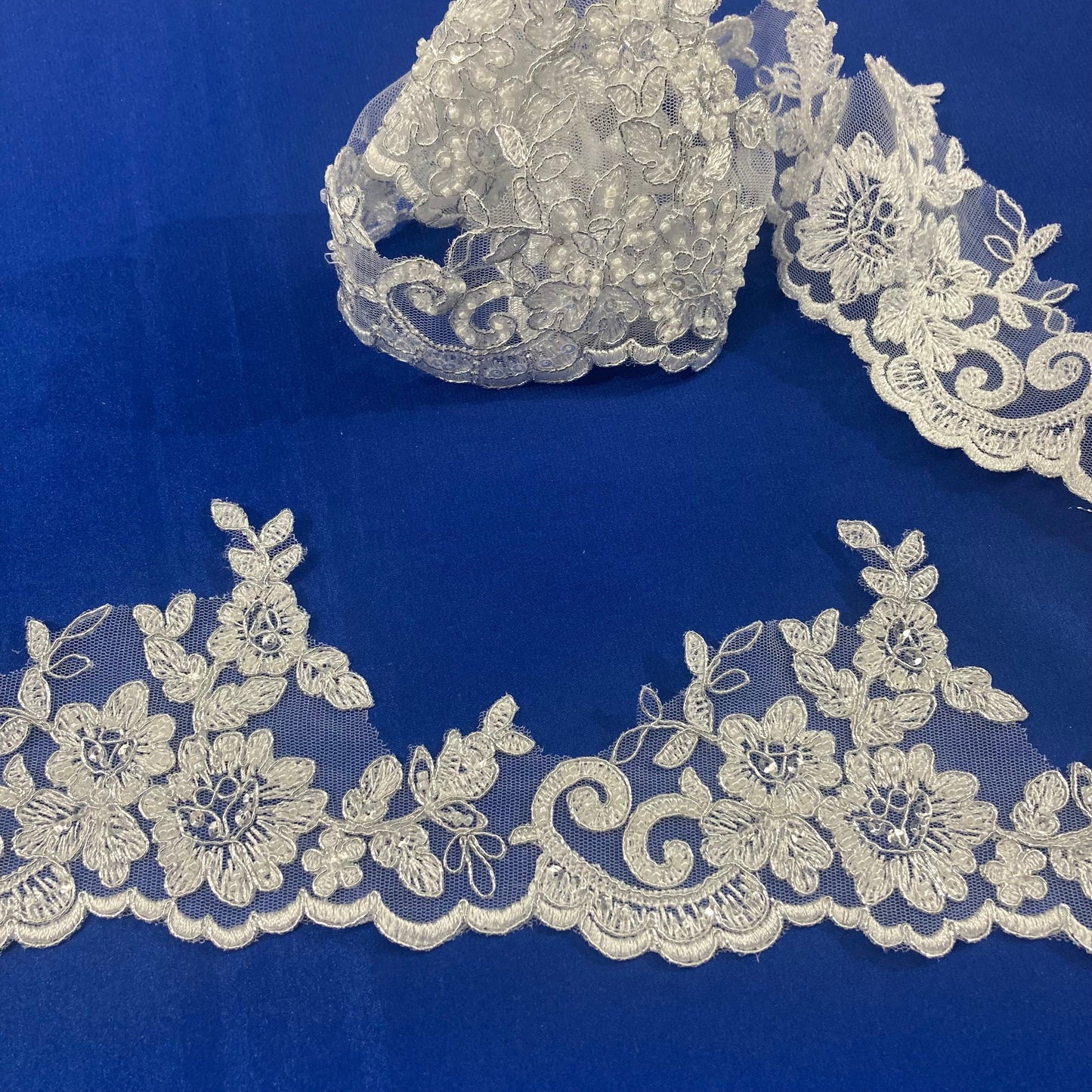 Beaded & Corded Lace Trimming Embroidered on 100% Polyester Net Mesh | Lace USA - 96796W-HB-5