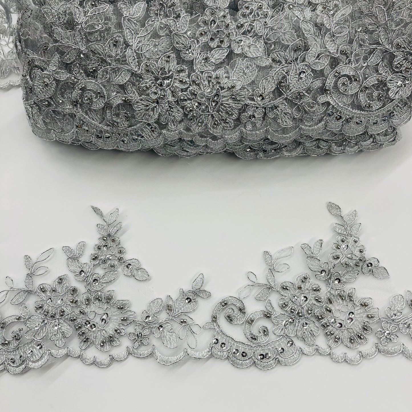 Beaded & Corded Lace Trimming Embroidered on 100% Polyester Net Mesh | Lace USA - 96796W-HB-1