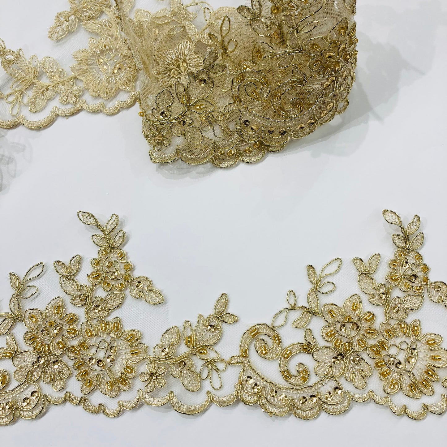Beaded & Corded Lace Trimming Embroidered on 100% Polyester Net Mesh | Lace USA - 96796W-HB-0